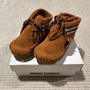 Minnetonka Tan Kids Moccasins with Beaded Detail